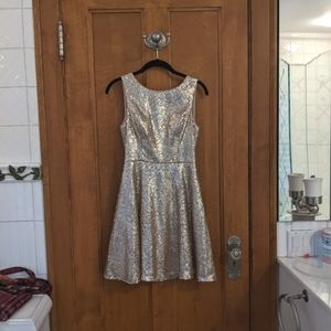 Aqua Dresses Rose Gold Sequins Fit and Flare Bare Back Dress